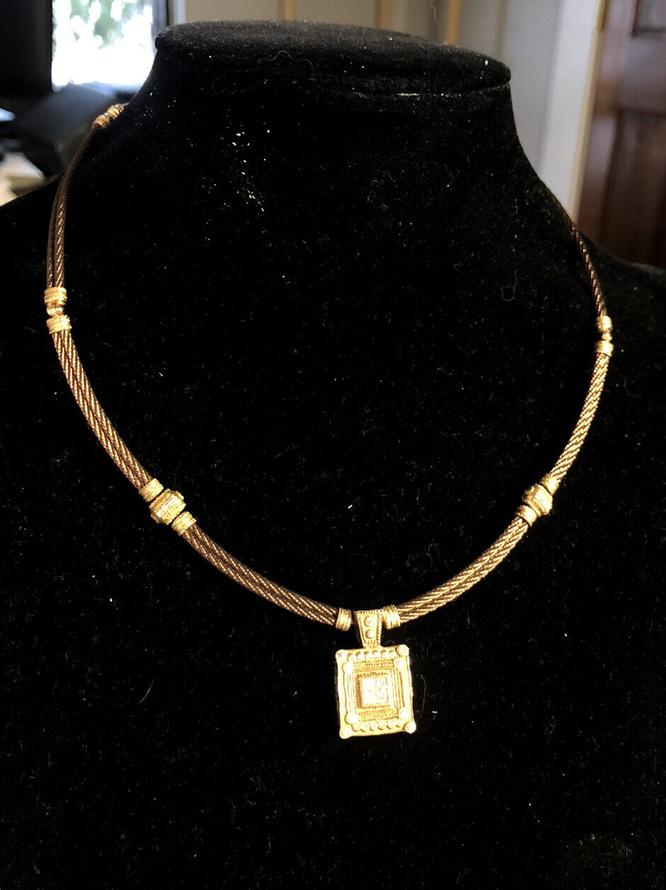 Designer Philippe Charriol 18K Yellow Gold Brown Steel Diamond Pendant Necklace