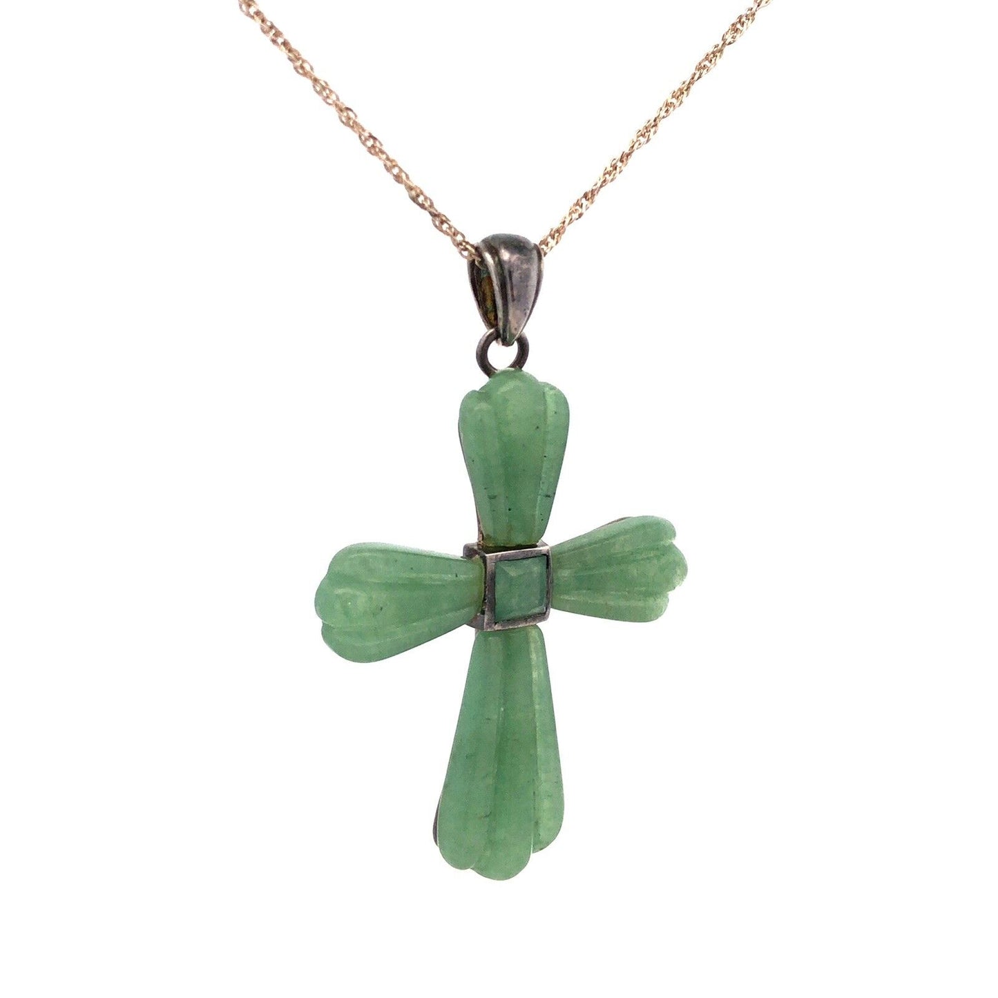 Designer 925 Sterling Silver Carved Jade Cross Statement Pendant Necklace