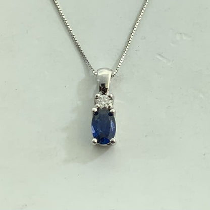 Designer 14K White Gold Oval Sapphire Round Diamond Petite Pendant Necklace