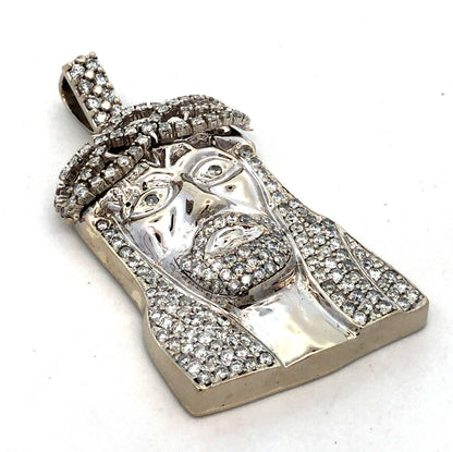 14K White Gold Round Pave Diamond Jesus Christ Face Statement Pendant