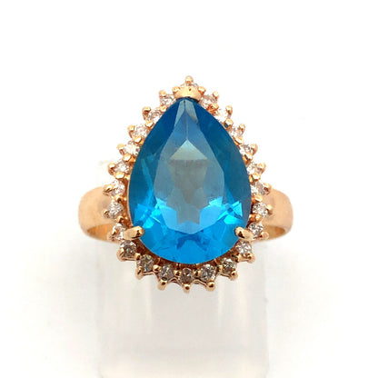 10K Yellow Gold Pear Blue Topaz Diamond Halo Statement Cocktail Ring