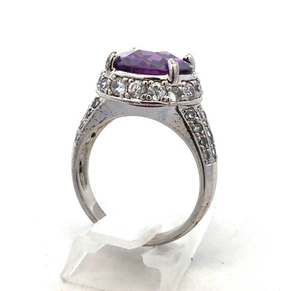 Designer 925 Sterling Silver Round Cushion Amethyst CZ Accents Cocktail Ring