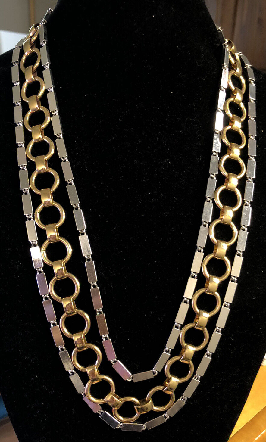 Vintage Monet Gold & Silver Tone Polished Three Strand Layered Chain Necklace