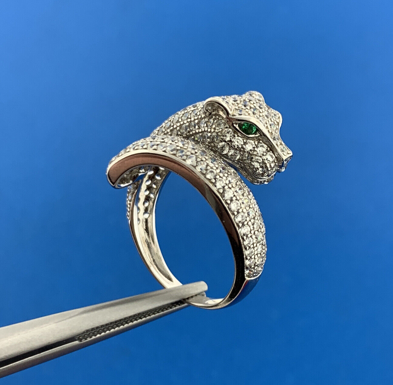 Designer 925 Sterling Silver Pave White Emerald CZ Leopard Big Cat Bypass Ring