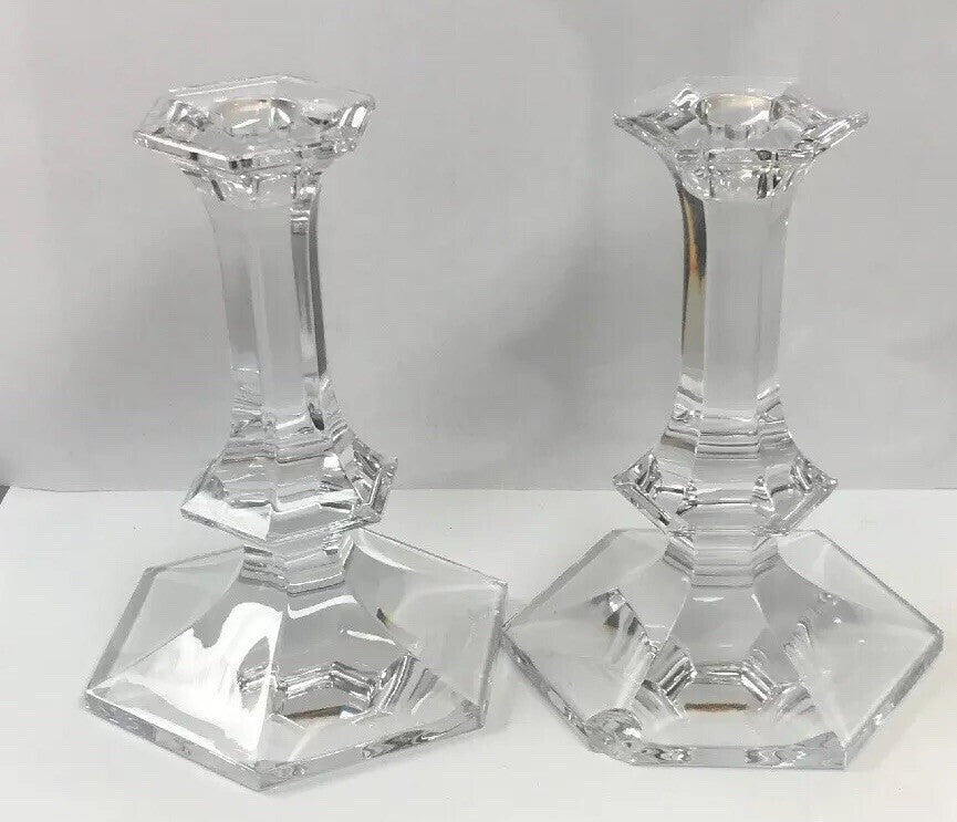 Val St Lambert Elysee Pattern Belgium Crystal Cut Glass Pair of Candlesticks