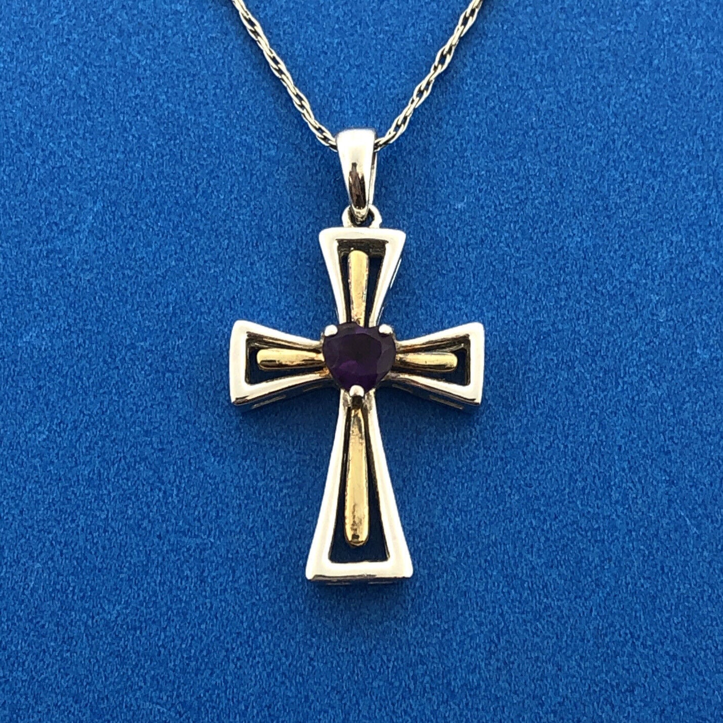 Sterling Silver 925 Amethyst Heart Cross Religious Communion February Necklace