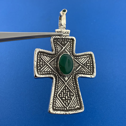 Stunning Sterling Silver 925 Cabochon Oval Emerald Religious Faith Cross Pendant