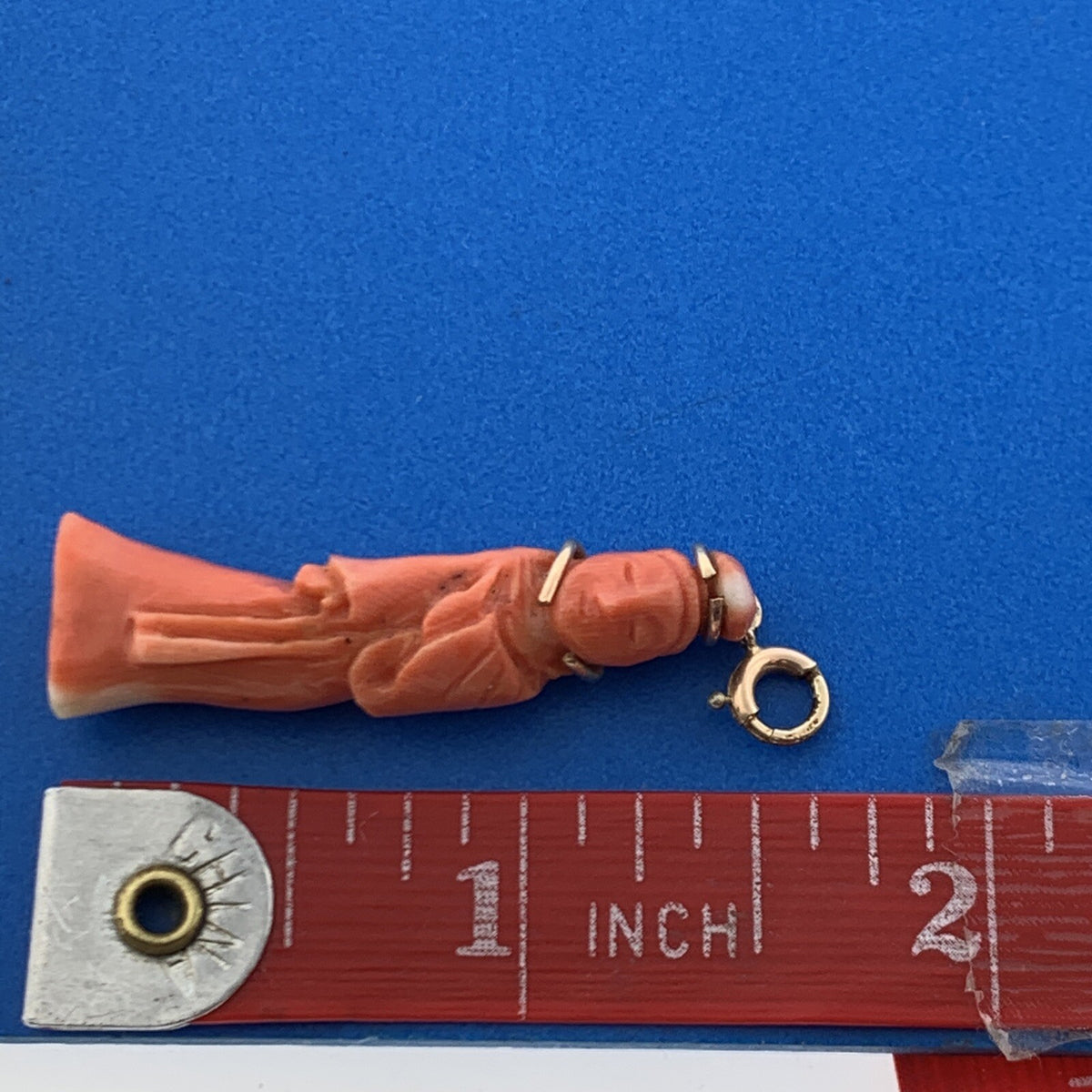 Gorgeous 10k Yellow Gold Carved Coral Chinese Eastern Wise Man Dangle Pendant