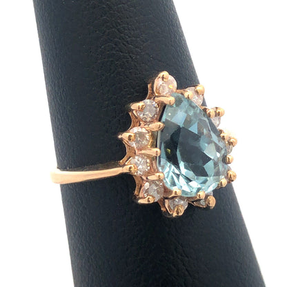 14K Yellow Gold Blue Topaz Diamond Halo December Birthday Occasion Cocktail Ring