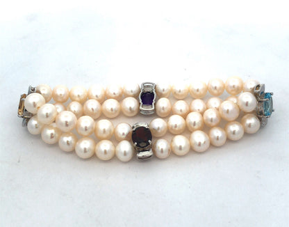 Vintage 925 Sterling Silver Blue Topaz Amethyst Garnet Pearl Beaded Bracelet