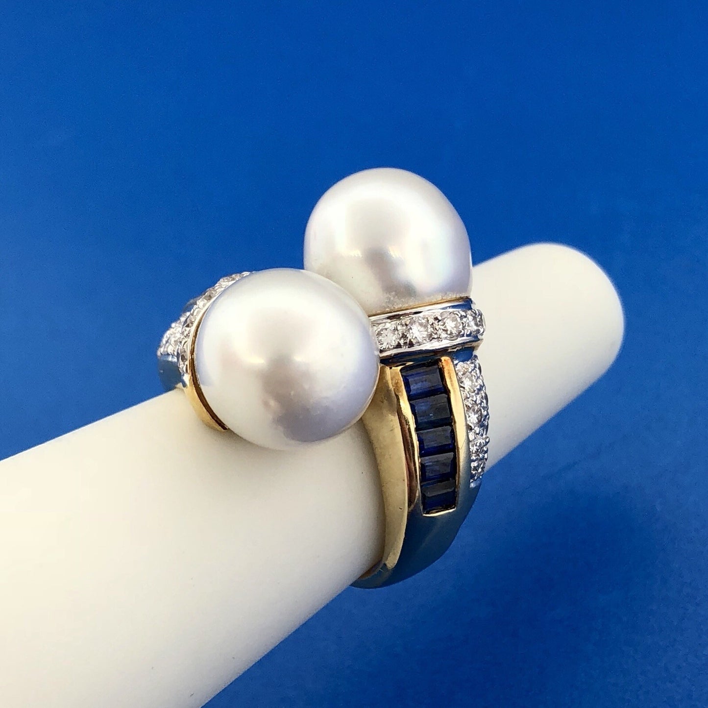 Estate 18K Yellow Gold Diamond Sapphire Pearl Bypass Cocktail Dinner Ring