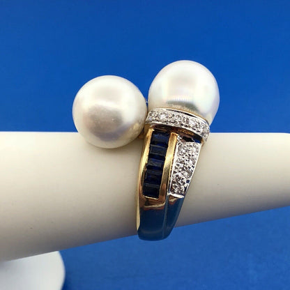 Estate 18K Yellow Gold Diamond Sapphire Pearl Bypass Cocktail Dinner Ring