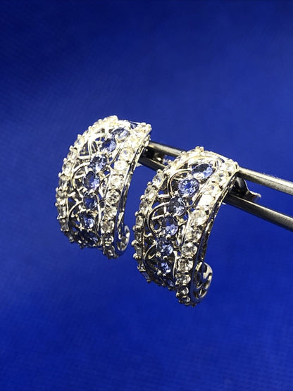 Designer 925 Sterling Silver Tanzanite & White Topaz Shrimp Style Stud Earrings