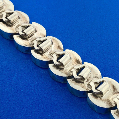 Retro Mexico 925 Sterling Silver Modernist Moon Link Statement Panel Bracelet