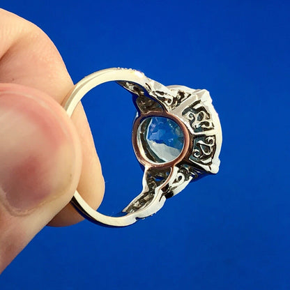 Lovely 18K White Gold Swiss Blue Topaz Diamond Halo December Statement Ring