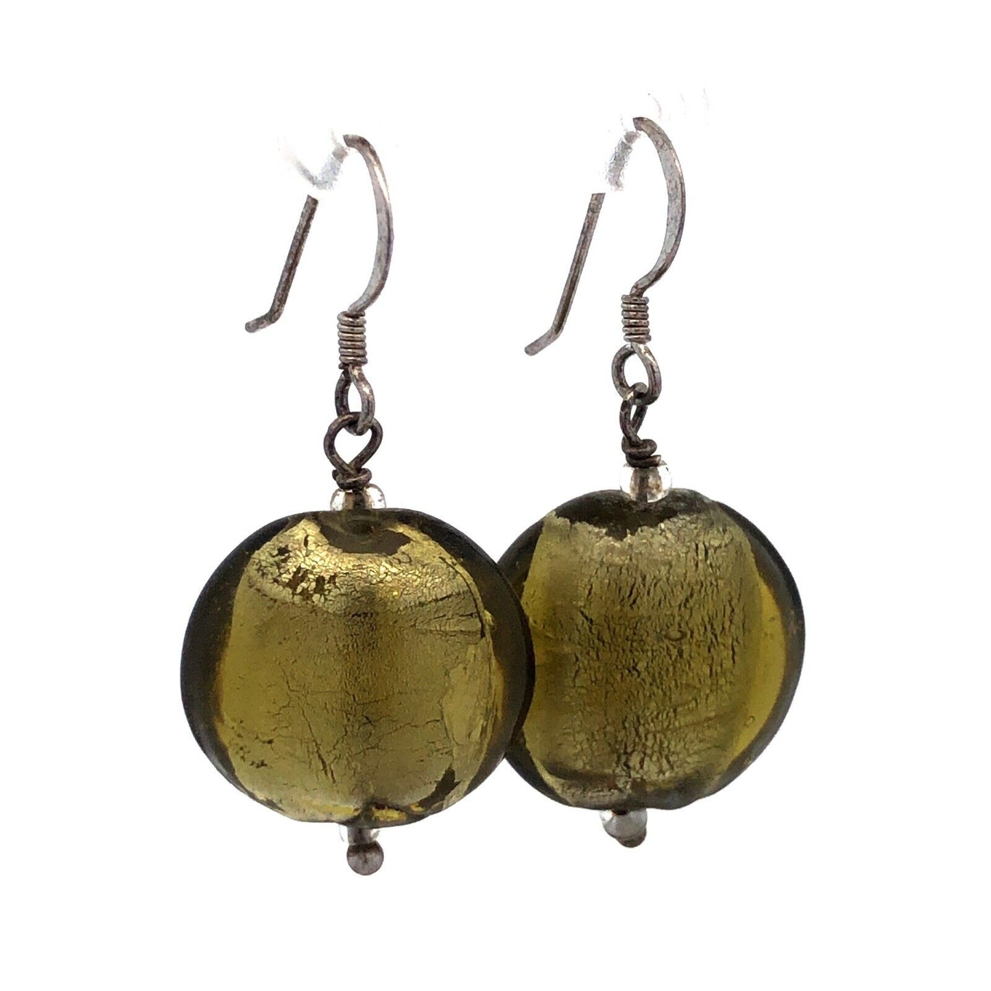 Estate 925 Sterling Silver Round Lime Green Dichroic Glass Hook Dangle Earrings