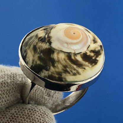 Sterling Silver 925 Brown White Abalone Shell Spiral Circle Ring Size 7.75