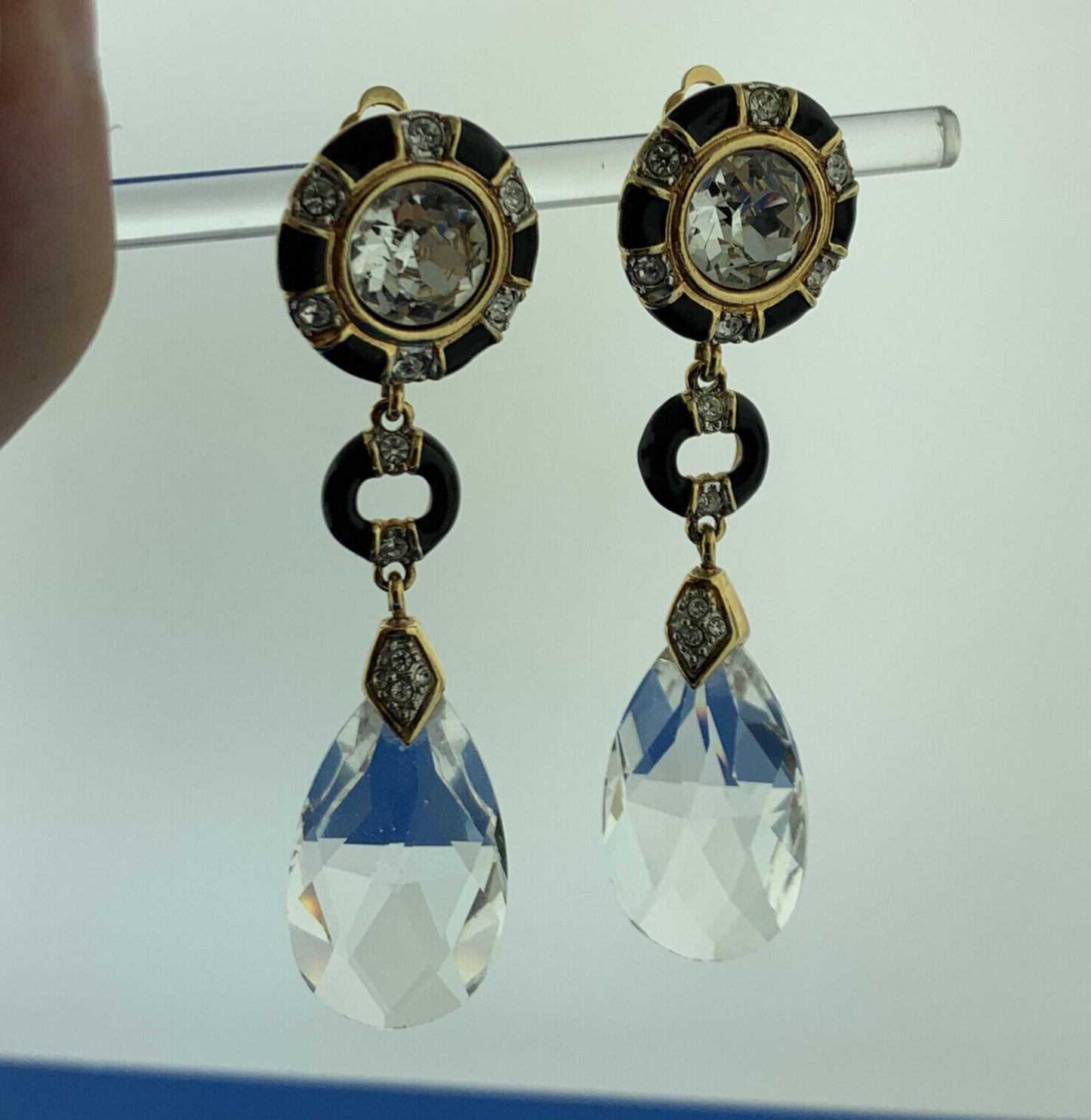 Retro Swarovski Gold Tone Enamel Crystal Statement Clip On Drop Dangle Earrings
