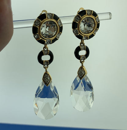Retro Swarovski Gold Tone Enamel Crystal Statement Clip On Drop Dangle Earrings
