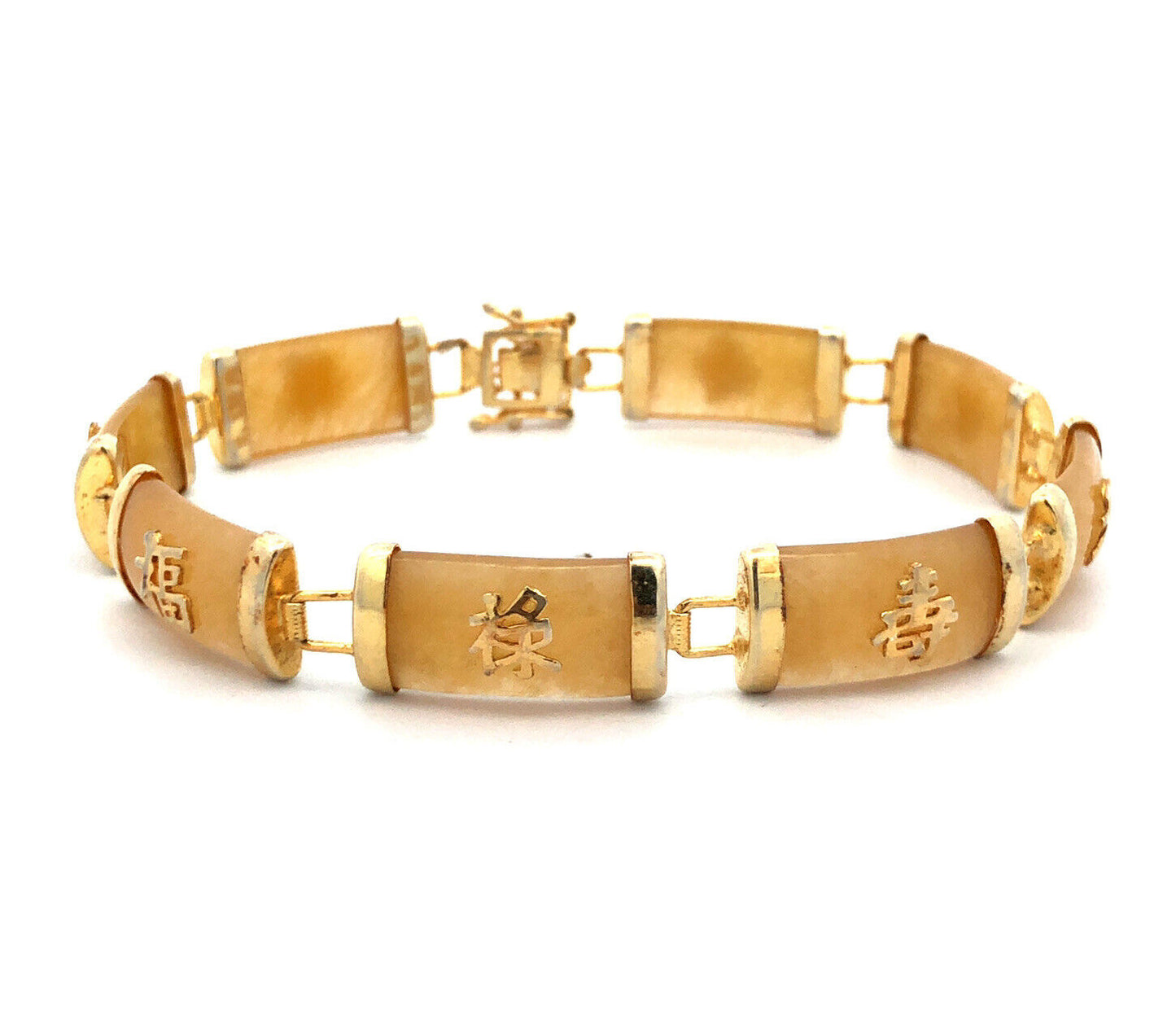 925 Sterling Silver Estate Vermeil Yellow Jade Chinese Luck Longevity Bracelet