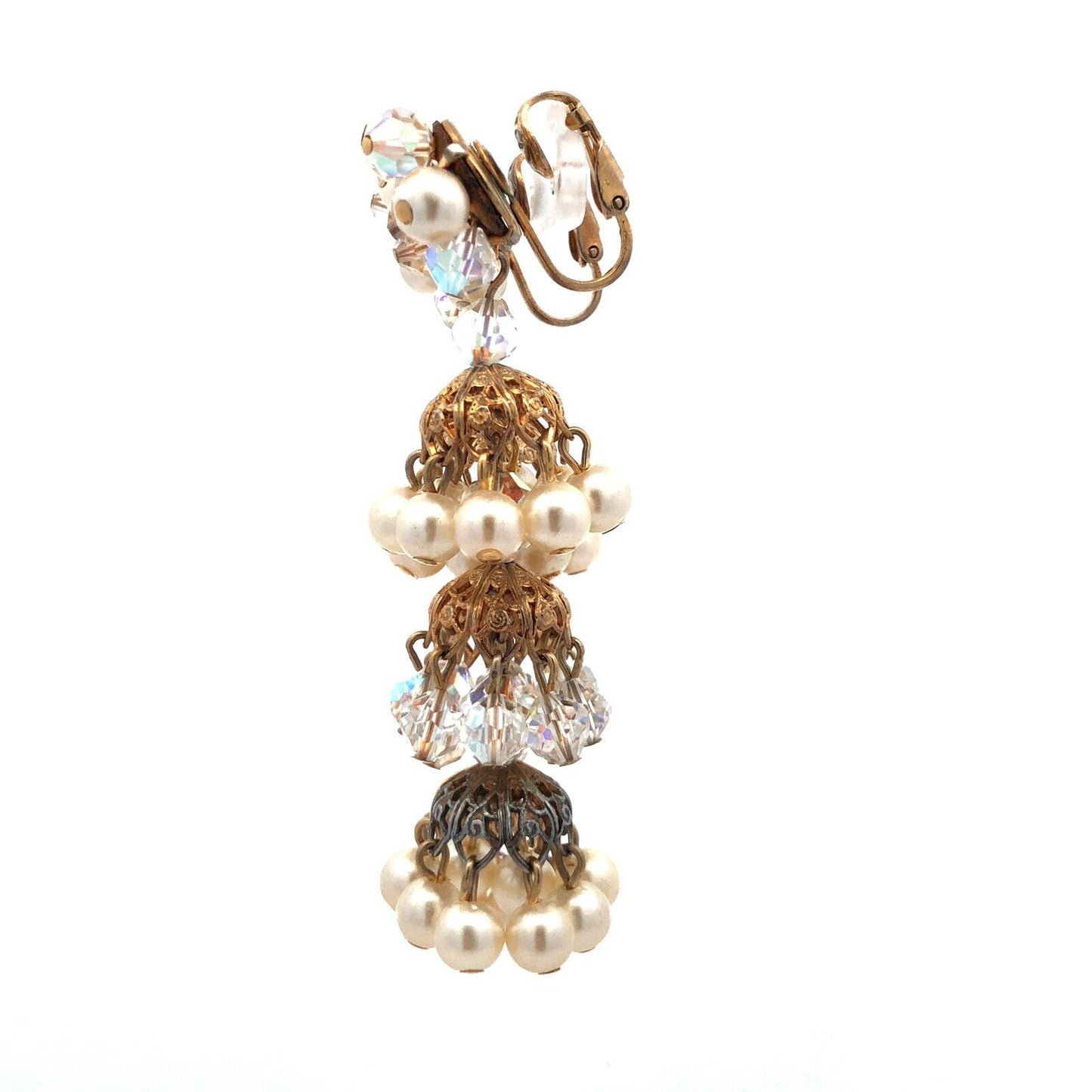 Vintage Gold Tone Faux Pearl Crystal Bead Statement Chandelier Clip On Earrings