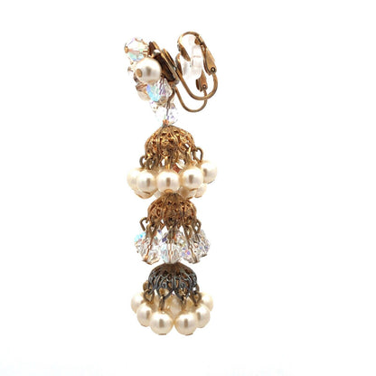 Vintage Gold Tone Faux Pearl Crystal Bead Statement Chandelier Clip On Earrings