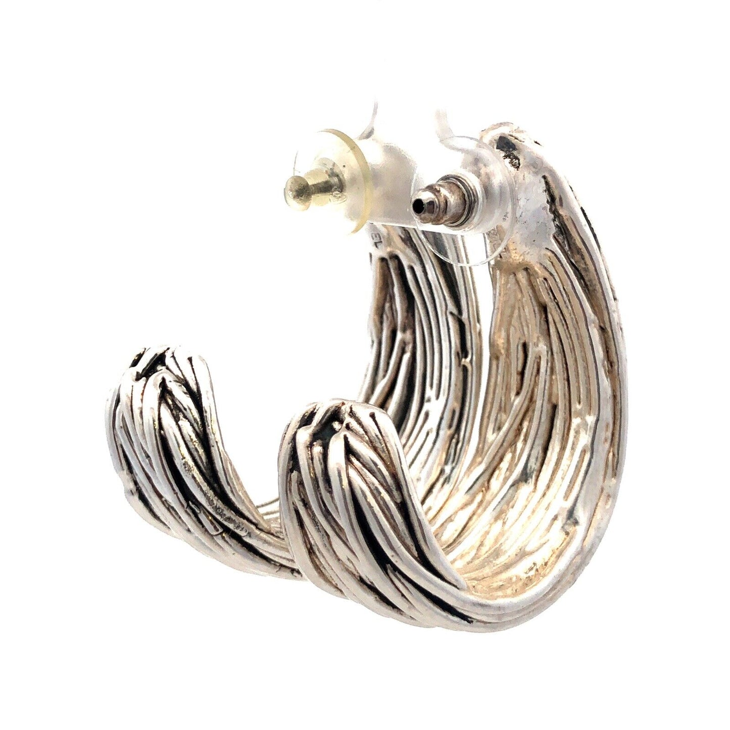 Estate Sterling Silver Textured Ribbed Modernist Drop Dangle Half Hoop Earrings