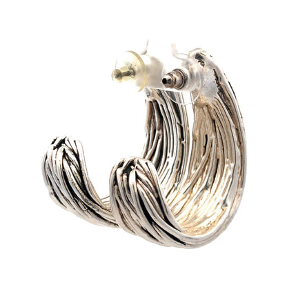 Estate Sterling Silver Textured Ribbed Modernist Drop Dangle Half Hoop Earrings