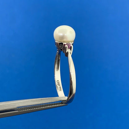 Designer 10K White Gold Pearl Ruby Accented Size 7 Ring