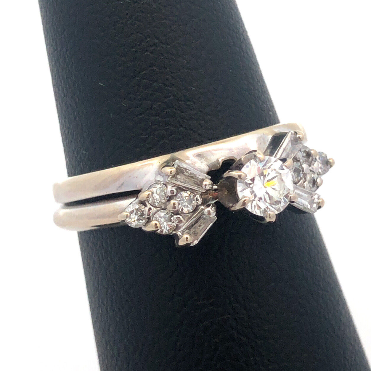 14K White Gold Diamond Solitaire W/Accents Soldered Double Band Engagement Ring