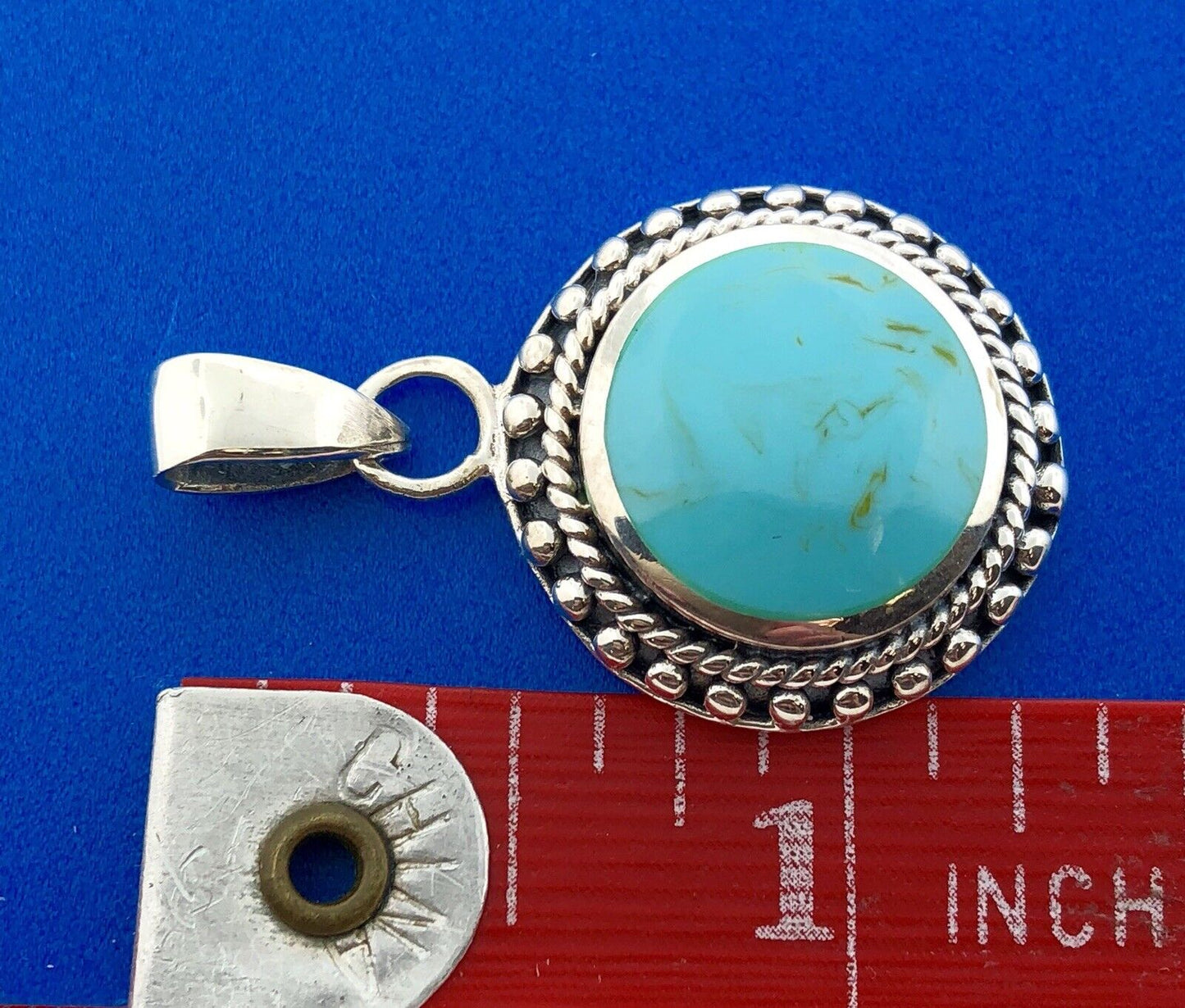 Designer 925 Sterling Silver Turquoise Art Glass Cabochon Bead Work Disc Pendant