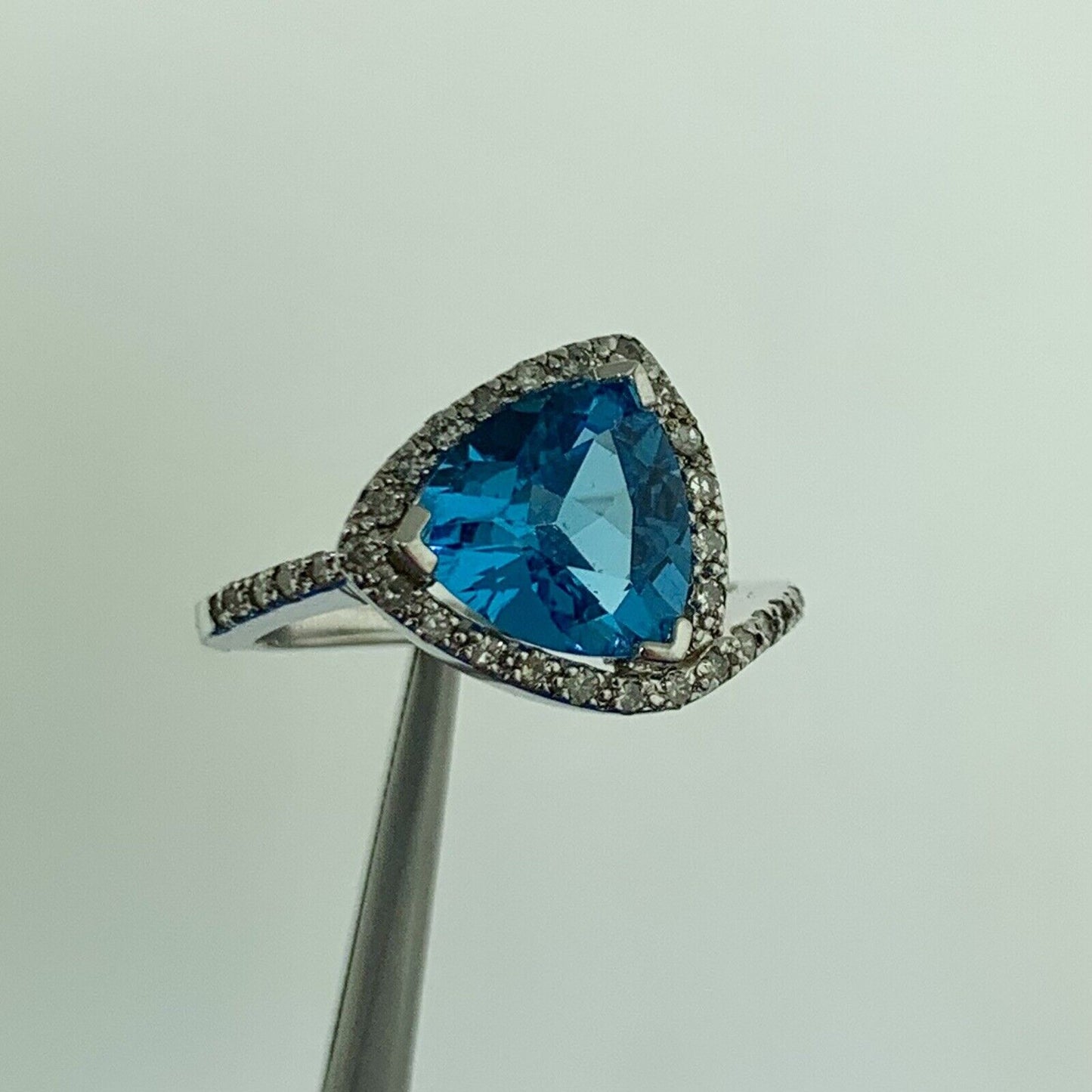 Designer 14K White Gold Trillion Cut Blue Topaz Diamond Accented Ring