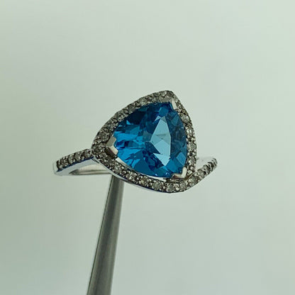 Designer 14K White Gold Trillion Cut Blue Topaz Diamond Accented Ring