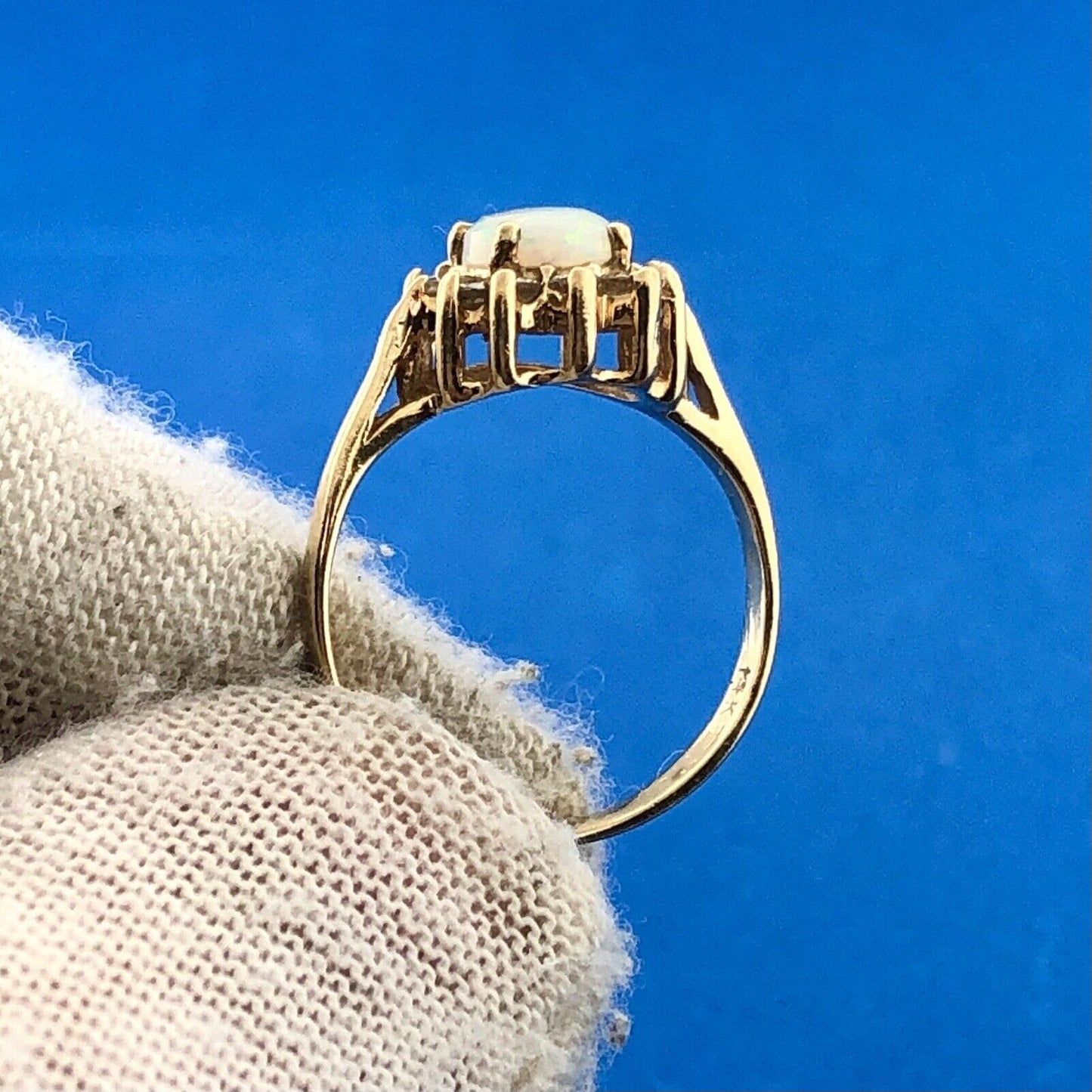 Estate 14K Yellow Gold Oval Opal Diamond Halo October Anniversary Cocktail Ring