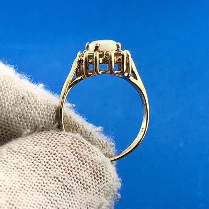 Estate 14K Yellow Gold Oval Opal Diamond Halo October Anniversary Cocktail Ring