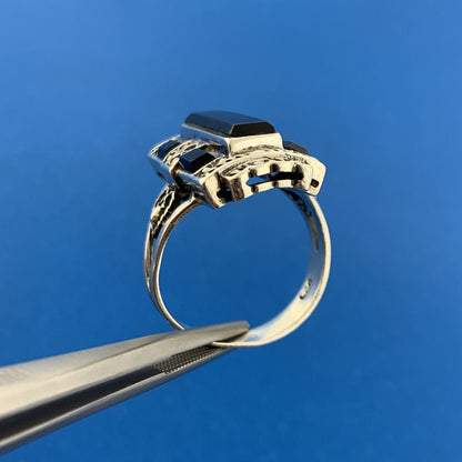 Estate 925 Sterling Silver Black Onyx Marcasite Heart Openwork Statement Ring