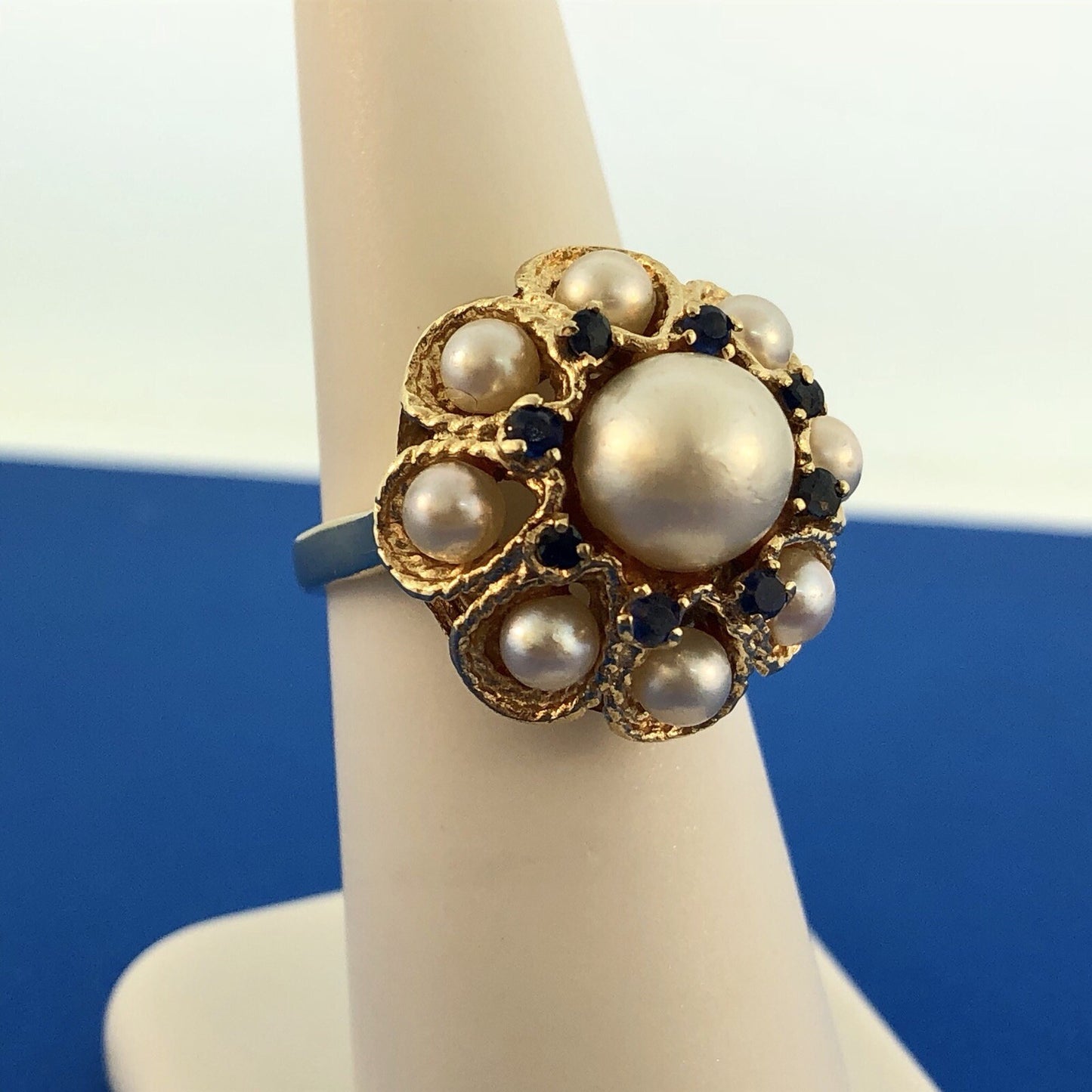 Vintage 14K Yellow Gold Pearl Sapphire Princess Style Cocktail Ring