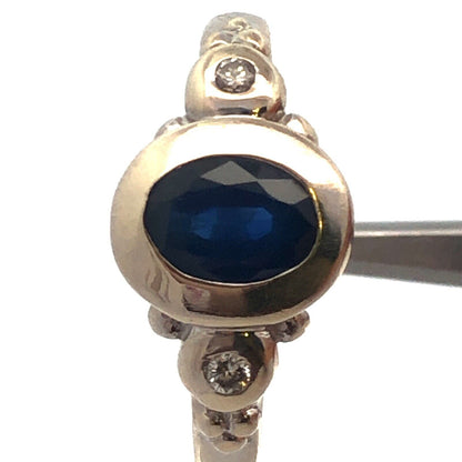 14K White Gold Oval Sapphire Solitaire Diamond Accent Modernist Anniversary Ring
