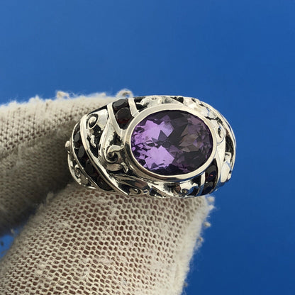 Estate CNA Sterling Silver 925 Amethyst Garnet Scroll Statement Cocktail Ring