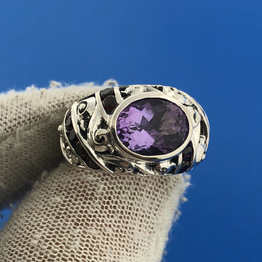 Estate CNA Sterling Silver 925 Amethyst Garnet Scroll Statement Cocktail Ring