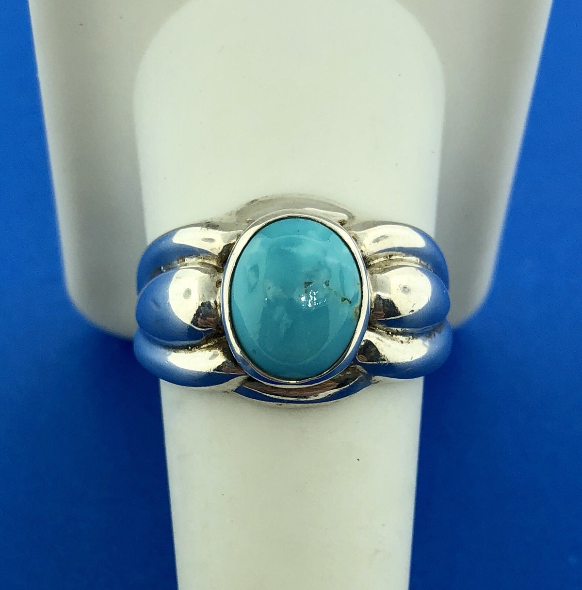 Designer OIM Sterling Silver 925 Oval Turquoise Modernist Ribbed Design Ring