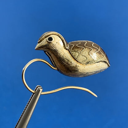 Antique Silver Cloisonne Enamel Quail Bird Dangle Hook Earrings
