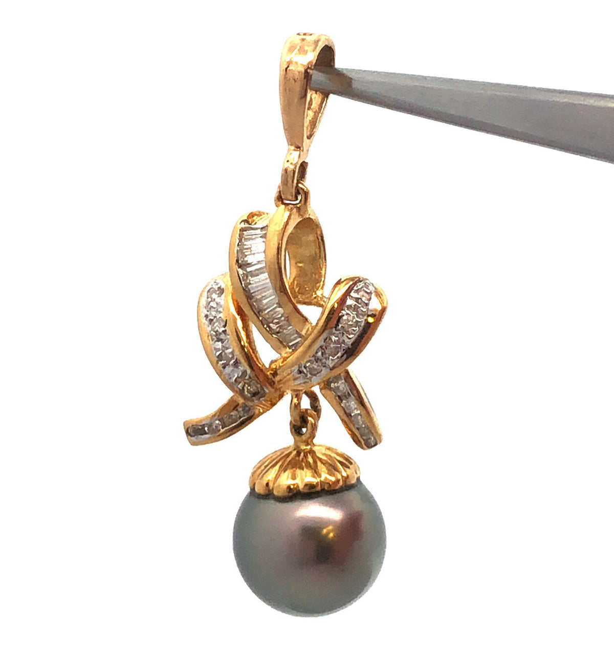 Designer 14K Yellow Gold Black Pearl Diamond Accented Statement Drop Pendant