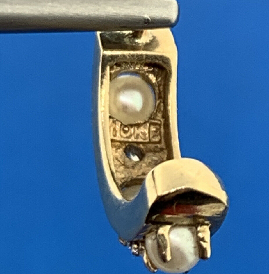 14K Yellow Gold Pearl Diamond Half Hoop Stud Earrings