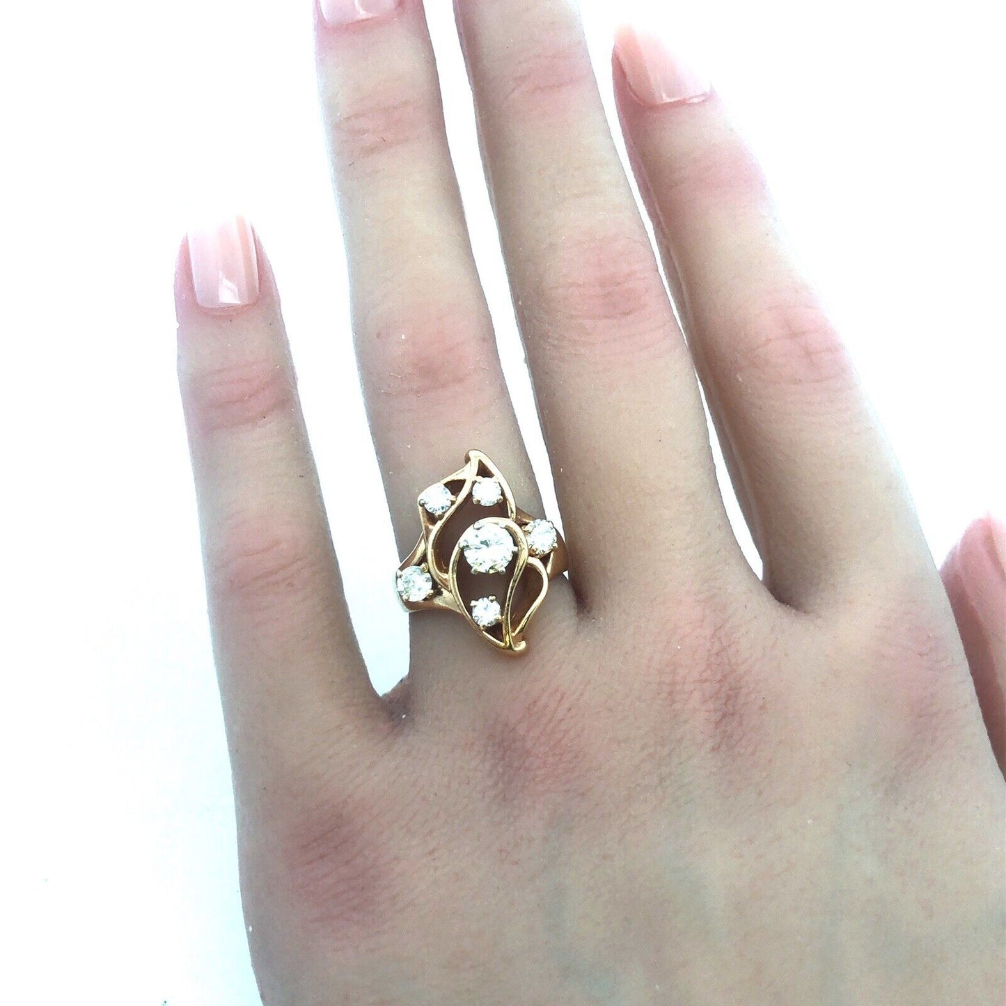 Gorgeous 14k Yellow Gold Round Cut 6 Diamond Free-form Openwork Ring Size 5.5