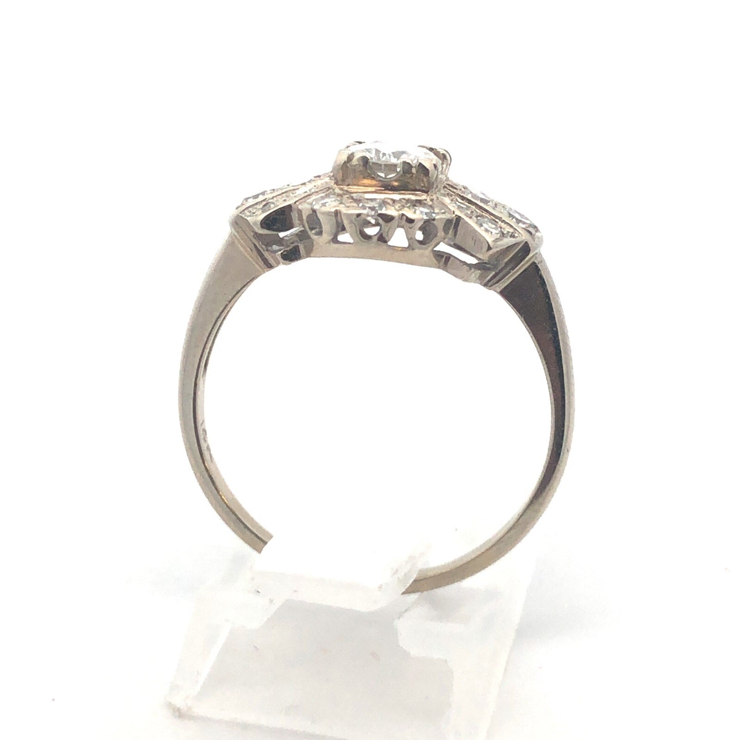 Art Deco 14K White Gold Diamond Solitaire with Accents Wedding Engagement Ring