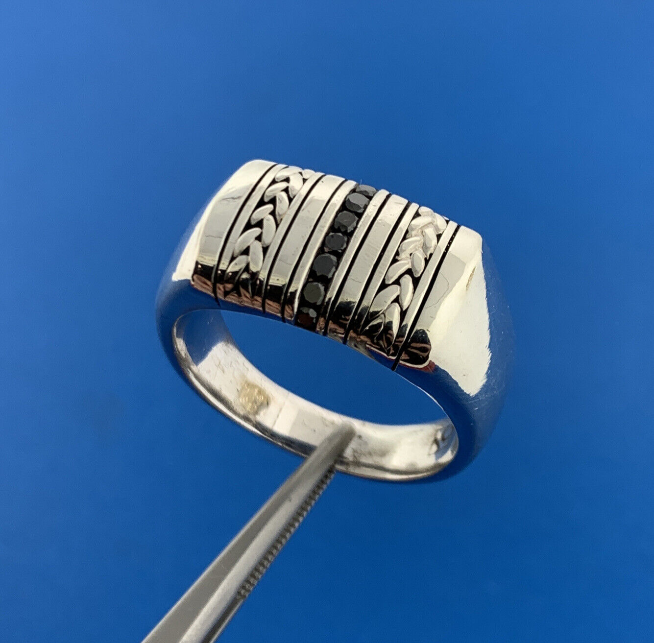 925 Sterling Silver Black Diamond Basket Weave Rectangle Mens Dome Ring