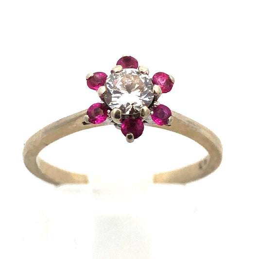 Gorgeous 18K Yellow Gold Round Cut Diamond Pink Ruby Flower Cluster Ring