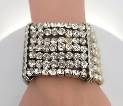 Vintage Runway Couture Silver Tone Faux Pearl Rhinestone Statement Cuff Bracelet