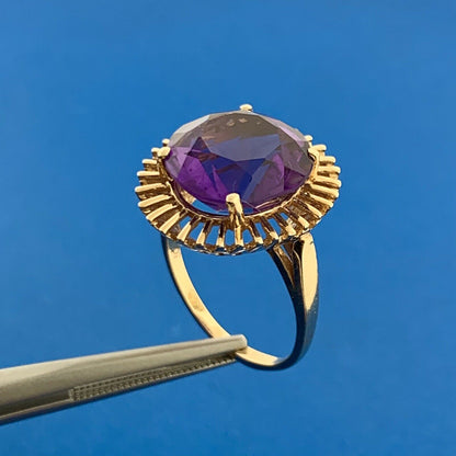 Mid Century 14k Yellow Gold Round Amethyst February Anniversary Statement Ring
